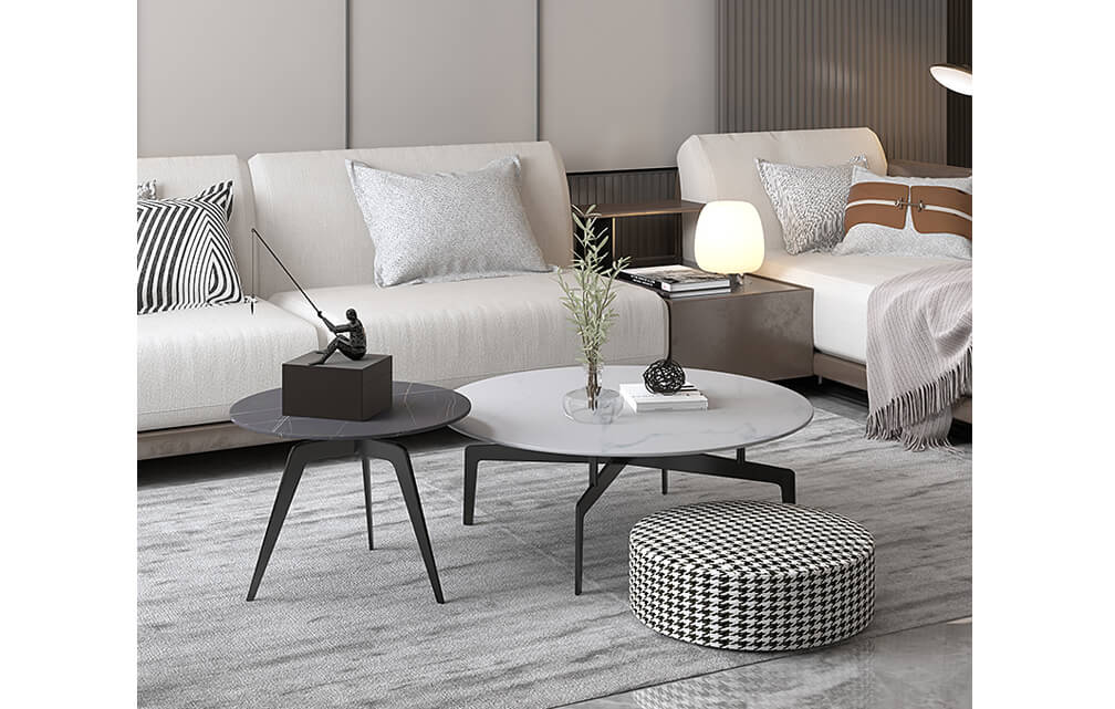 coffee table-Round contemporary  2 pieces coffee table white marble look tabletop