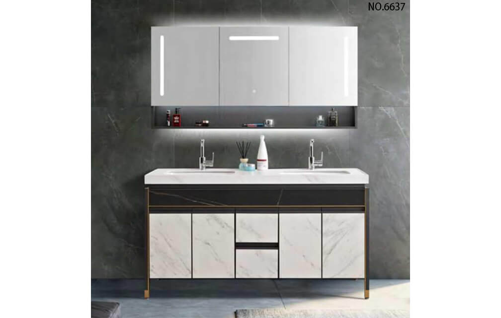 Double sink bathroom vainty set with big mirror cabinet sintered stone counter top