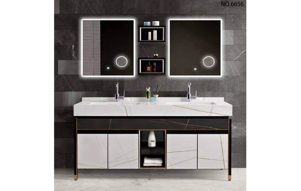 Double sink bathroom vainty set with big mirror cabinet sintered stone counter top