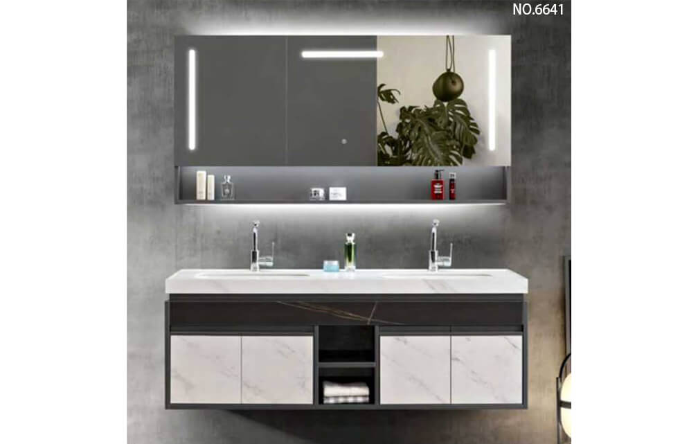 Double sink bathroom vainty set with big mirror cabinet sintered stone counter top