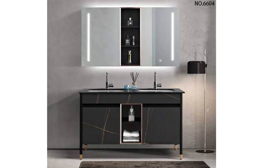 Double sink bathroom vainty set with big mirror cabinet sintered stone counter top