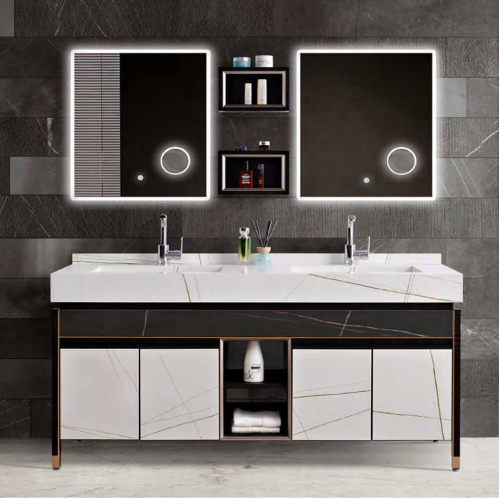 aninz.com double sink bathroom vainty set with big mirror cabinet,sintered stone counter counter top