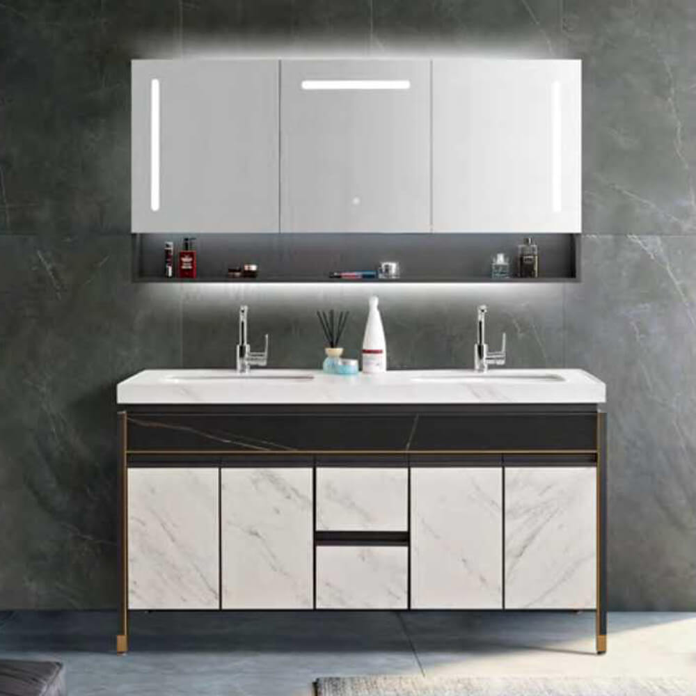 aninz.com double sink bathroom vainty set with big mirror cabinet,sintered stone counter counter top